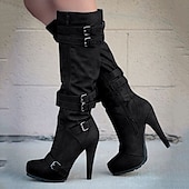 voordelige Mode laarzen-beige dames kniehoge stiletto laarzen met gespbandjes en rits aan de zijkant, sexy hoge hak laarzen voor een modieuze avond uit