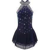 Figure Skating Dress Women's Girls' Ice Skating Dress Outfits Dark Navy Open Back Mesh Spandex High Elasticity Training Practice Professional Skating Wear Handmade Crystal / Rhinestone Sleeveless Ice4