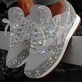 billige Sneakers til kvinner-kvinners sølvglitter joggesko mesh snøring med komfortabel såle
