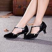 cheap Ballroom Shoes &amp; Modern Dance Shoes-Women&#039;s Ballroom Dance Shoes Modern Dance Shoes Salsa Shoes Line Dance Heel Splicing Cuban Heel Buckle T-Strap Black and Gold Black