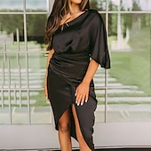 abordables Robe de cocktail-Femme Robe mi-longue robe soirée robe cocktail Robe satinée Robe semi-formelle Mode Soirée mode Formel Vacances Bureau Standard Couleur monochrome Manche Courte Une Epaule Noir Dorée Bleu de minuit