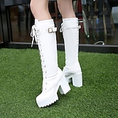 cheap Platform Boots-Women&#039;s Black Platform Lace-Up Knee-High Boots with Chunky Heels and Buckle Detail – Gothic or Punk Style for Fall and Winter