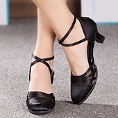 ieftine Pantofi Dans Clasic &amp; Modern-pantofi de dans din satin negru de damă – tocuri latine cu bretele încrucișate elegante, cu inserții din plasă și închidere cu cataramă – ideali pentru performanță și dans social
