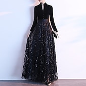abordables NOIR-Robe de soirée A-Line élégante invitée de mariage bal longueur de sol manches longues sequins de reine Anne avec ceinture  ruban sequins