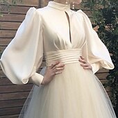 ieftine Wedding Dresses-Hall Formal Fall Wedding Dresses A-Line High Neck Long Sleeve Floor Length Satin Bridal Gowns With Ruched 2023 Summer Wedding Party, Women's Clothing