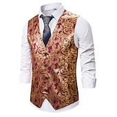 cheap Men&#039;s Vest-Men&#039;s Vest Gilet Wedding Smart Casual Polyester Geometric V Neck Skinny Red Purple Gold Vest
