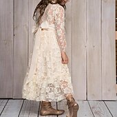 cheap Flower Girl&#039;s Dresses-Kids Girls&#039; Flower Girl Dress Dress Solid Colored Long Sleeve Wedding Party Daily Lace Mesh Embroidered Cute Princess Cotton Maxi A Line Dress Tulle Dress Fall Winter 3-12 Years White Beige