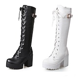 cheap Platform Boots-Women&#039;s Black Platform Lace-Up Knee-High Boots with Chunky Heels and Buckle Detail – Gothic or Punk Style for Fall and Winter