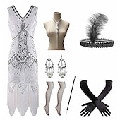 billige 1920-talls kjoler-De livlige 20-årene 1920-tallet Cocktail Kjole Knelengde Flapper kjole Kjoler Drakter Ermeløs Den store Gatsby Charleston Store størrelser Dusk Fjær V-hals Kostyme Dame Karneval Nytt År Maskerade