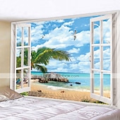preiswerte Ozeanstrand Wandteppich-Wandteppich Fenster Landschaft Wand Tapisserie Kunst Dekor Decke Vorhang Picknick Tischdecke hängen zu Hause Schlafzimmer Wohnzimmer Wohnheim Meer Ozean Strand Palme Wandtuch XXL Natur