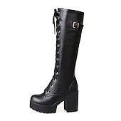 cheap Platform Boots-Women&#039;s Black Platform Lace-Up Knee-High Boots with Chunky Heels and Buckle Detail – Gothic or Punk Style for Fall and Winter