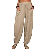 cheap Plain Cotton Linen Pant-Women&#039;s Cotton Linen Pants Baggy Pants Harem Pants Comfort Solid Color Pocket Elastic Waist Causal Black White Army Green Dark Navy Summer Spring Fall