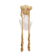 economico Parrucche Anime-parrucca coda di cavallo s anime lunga riccia bionda tsukino usagi parrucca cosplay parrucca da festa con chignon e due lunghe code di cavallo parrucca di carnevale