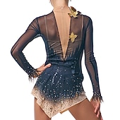 お買い得  フィギュアスケートドレス-フィギュアスケート ドレス 女性用 女の子 アイススケート ドレス セット ブルー パッチワーク メッシュ スパンデックス 高弾性 訓練 レッスン用 競技大会 スケートウェア 手作り クリスタル・ラインストーン 長袖 アイススケート フィギュアスケート