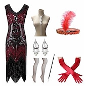 billige 1920-talls kjoler-De livlige 20-årene 1920-tallet Cocktail Kjole Knelengde Flapper kjole Kjoler Drakter Ermeløs Den store Gatsby Charleston Store størrelser Dusk Fjær V-hals Kostyme Dame Karneval Nytt År Maskerade