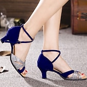 abordables Chaussures de danses latines-Femme Chaussures Latines Salon Chaussures de Salsa Danse en ligne Intérieur Entraînement ChaCha Chaussures scintillantes Talon Paillettes Talon Cubain Boucle Sangle croisée Noir Bleu