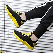 abordables Baskets-baskets de sport noires et jaunes pour hommes avec maille respirante et design léger pour le sport et les vêtements décontractés
