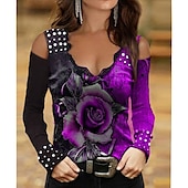 cheap Floral tee-Women&#039;s Plus Size Lace Shirt Going Out Tops Eyelet top Elegant Vintage Daily Floral Butterfly Lace Print Cold Shoulder Long Sleeve Regular Tops V Neck Off Shoulder Party Going out Club Red