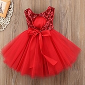 preiswerte Partykleider-Kinder Kleinkind Mädchen Kleid Einfarbig Ärmellos Leistung Party Ferien Pailletten Basic Schön Süß Acryl Sommer Rosa Rote
