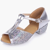 abordables Chaussures de danse enfants-chaussures de danse de salon à paillettes dorées pour filles – talons de danse latine à bride en T et semelle en daim pour performances et compétitions