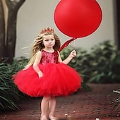 preiswerte Partykleider-Kinder Kleinkind Mädchen Kleid Einfarbig Ärmellos Leistung Party Ferien Pailletten Basic Schön Süß Acryl Sommer Rosa Rote