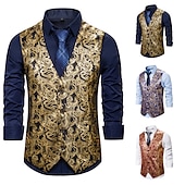 cheap Men&#039;s Vest-Men&#039;s Vest Gilet Wedding Smart Casual Polyester Geometric V Neck Skinny Red Purple Gold Vest