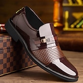 preiswerte Herrenpantoletten &amp; -slipper-Herren-Loafer aus braunem Lack-Kunstleder mit perforiertem Design – formelle Schlupfschuhe fürs Business und besondere Anlässe