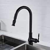 baratos Torneiras de Cozinha-Torneira misturadora de pia de cozinha com spray removível, torneiras giratórias de 360° para recipientes de latão antigo/preto montadas no convés, torneiras de cozinha de um furo antigas