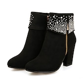 abordables Botines-Botines de ante rojo para mujer con adornos de pedrería y tacones anchos: calzado festivo navideño para fiestas y días festivos