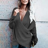abordables Colores sólidos-Mujer Pulóveres Pull-over Saltador Cruzado De Punto Color sólido Elegante Casual Manga Larga Ajuste regular Cárdigans suéter Escote en Pico Otoño Invierno Azul Piscina Morado Rosa / Festivos / Noche
