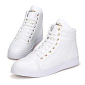 cheap Men&#039;s Sneakers-Men&#039;s White High-Top Sneakers - Stylish Leather Lace-Up Casual Shoes with Gold Eyelets for Everyday Wear