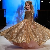 abordables Robes de fête-Robe Fille Robe Trapèze Enfants Petit Couleur Pleine Utilisation Soirée Paillettes Ruché Maille Dorée Polyester Maxi Manches 3/4 Le style mignon Princesse Robes Hiver Automne Standard 3-12 ans