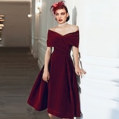 preiswerte Cocktailkleider-A-Linien Cocktailkleider Elegantes Kleid Hochzeitsgast knielang Kurzarm Schulterfrei Samt mit Falten einfarbige Kleider