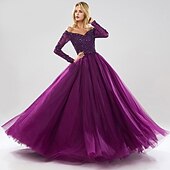 cheap Вечерние платья-Ball Gown Evening Gown Sparkle Dress Quinceanera Prom Floor Length Long Sleeve Off Shoulder Tulle with Beading Sequin 2024