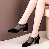 billiga Block Heels-svarta damklackar med meshpaneler och dekorativa detaljer för elegant och kvällskläder