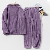 cheap Women&#039;s Sleepwear-Women&#039;s Pajamas Pjs Sets 2 Pieces Pure Color Fashion Plush Comfort Home Vacation Fleece V Wire Long Sleeve Pullover Pant Elastic Waist Fall Winter Home Outfits