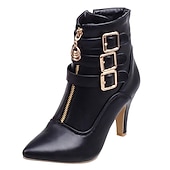 abordables Botines-Botines de tacón alto de moda para mujer con hebillas y cremallera: elegantes botas de tacón de aguja de piel sintética para otoño e invierno