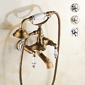 cheap Bathtub Faucets-Bathroom Sink Faucet,Brass Telephone Shape Wall Installation Widespread Pull-out Country Style Electroplated Copper Finish Two Handles Bathtub Faucet with Handshower and Drain
