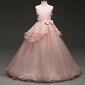 preiswerte Kleider für die Blumenmädchen-kinderkleidung Mädchen Blumenmädchen Kleid Kleid Einfarbig Ärmellos Leistung Hochzeit Party Spitze Rüschen Gitter Kuschelig Prinzessin Polyester Maxi A Linie Kleid Tüll-Kleid Blumenmädchenkleid