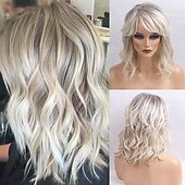 cheap Human Hair Capless Wigs-Body Wave Human Hair Wigs with Bangs for White Women 130% Density Full Machine Made None Lace Front Wigs Human Hair #T1B/Grey Wigs with Bangs Short Body Wave Wig