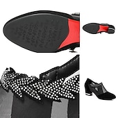 billiga Block Heels-svarta damklackar med meshpaneler och dekorativa detaljer för elegant och kvällskläder