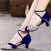 abordables Chaussures de danses latines-Femme Chaussures Latines Salon Chaussures de Salsa Danse en ligne Intérieur Entraînement ChaCha Chaussures scintillantes Talon Paillettes Talon Cubain Boucle Sangle croisée Noir Bleu