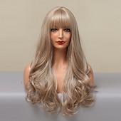 abordables Perruques Synthétiques Sans Bonnet-ombre auburn brun blonde longues perruques ondulées avec une frange cheveux naturels quotidiens pour les femmes perruques de fête de noël