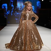 abordables Robes de fête-Robe Fille Robe Trapèze Enfants Petit Couleur Pleine Utilisation Soirée Paillettes Ruché Maille Dorée Polyester Maxi Manches 3/4 Le style mignon Princesse Robes Hiver Automne Standard 3-12 ans
