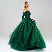 cheap Вечерние платья-Ball Gown Evening Gown Sparkle Dress Quinceanera Prom Floor Length Long Sleeve Off Shoulder Tulle with Beading Sequin 2024