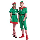 billiga Vuxna juldräkter-jultomten Alf Klänningar Kläder Semester klänning Alvdräkt Herr Pojkar Jul Karnival Maskerad Maskerad Cosplay kostym Jul Vuxna Fest Jul Semester Topp Byxor Skärp Strumpor Hatt