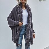 abordables Cárdigans y prendas de abrigo-Mujer Abrigo Capa / Capas Calle Diario San Valentín Invierno Otoño Regular Abrigo Escote en Pico Ajuste regular Mantiene abrigado Transpirable Chaquetas Manga Larga Color sólido Borlas Negro Rosa