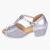 abordables Chaussures de danse enfants-chaussures de danse de salon à paillettes dorées pour filles – talons de danse latine à bride en T et semelle en daim pour performances et compétitions