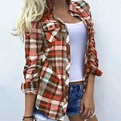 tanie Kwiatowe bluzki-Damskie Koszula Bluzka Szałat Żółty Czerwony Niebieski Kratka Kolorowy blok Guzik Nadruk Długi rękaw Codzienny Weekend Moda miejska Codzienny Kołnierzyk koszuli Regularny S