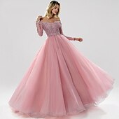 cheap Вечерние платья-Ball Gown Evening Gown Sparkle Dress Quinceanera Prom Floor Length Long Sleeve Off Shoulder Tulle with Beading Sequin 2024